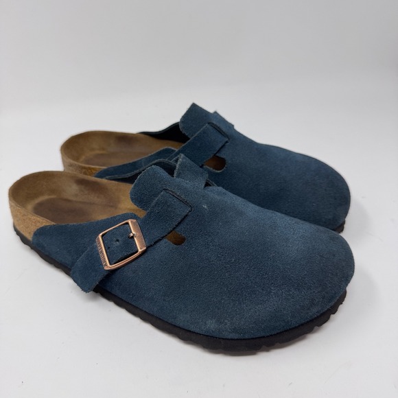 Birkenstock Boston Suede Clogs Blue Copper Buckle Comfortable Slip On Shoes - Picture 1 of 10